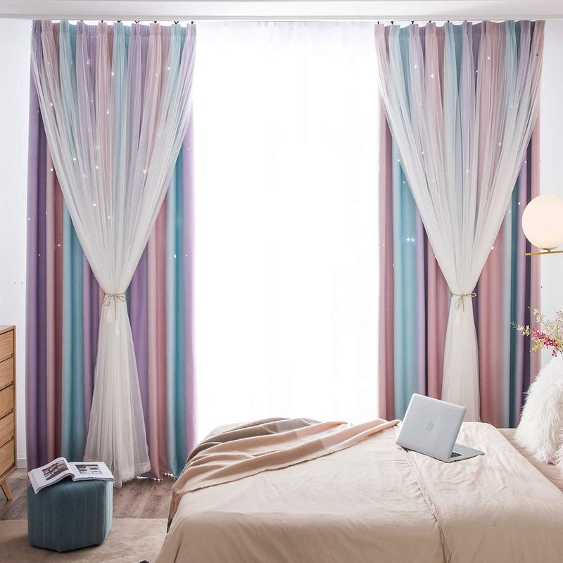 UNISTAR 2 Panels Blackout Stars Curtains for Kids Girls Bedroom Aesthetic Living Room Decor Colorful Double Layer Star Cut Out Stripe Pink Rainbow Window Wall Home Decoration Curtain,W52 x L84 Inches - Image 3